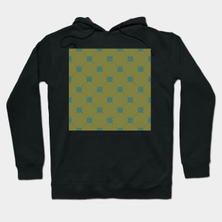 Diamond pattern on dark olive green background with interlocking teal blue motifs. A simple design with classic style. Hoodie